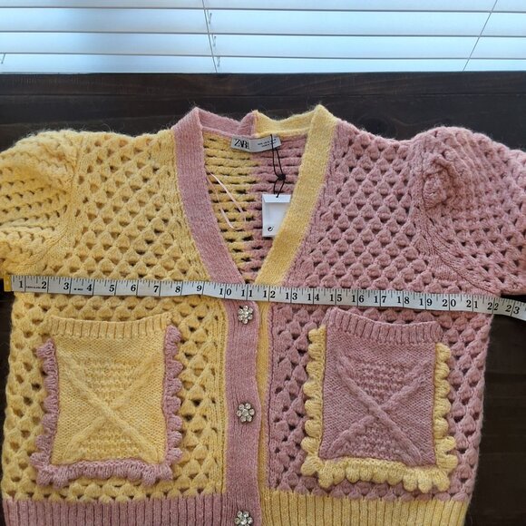 Zara Pink & Yellow Colorblock Crocheted Cardigan Jeweled Button Puff Sleeve Sz S - Picture 6 of 9